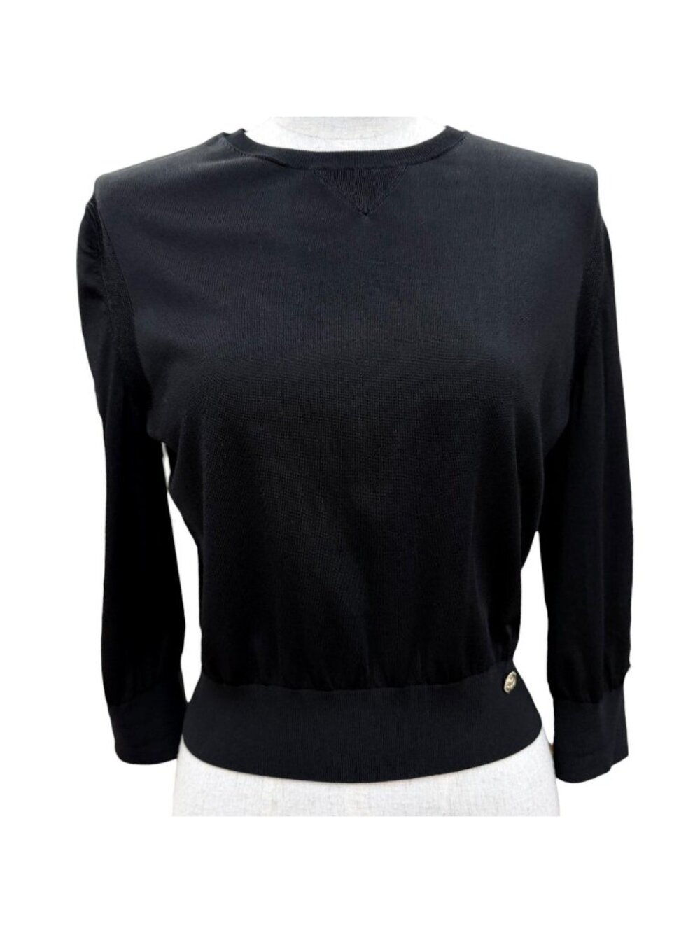 Chanel CC Logo Button Long Sleeve Knit Top Black Sweater 36